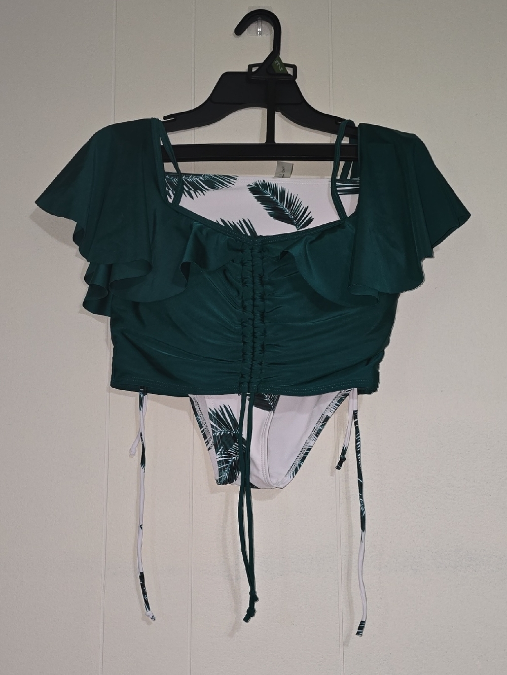SHEIN BIKINI SET Dark Green Ruffled Ruched Top, With White And Green Bottom